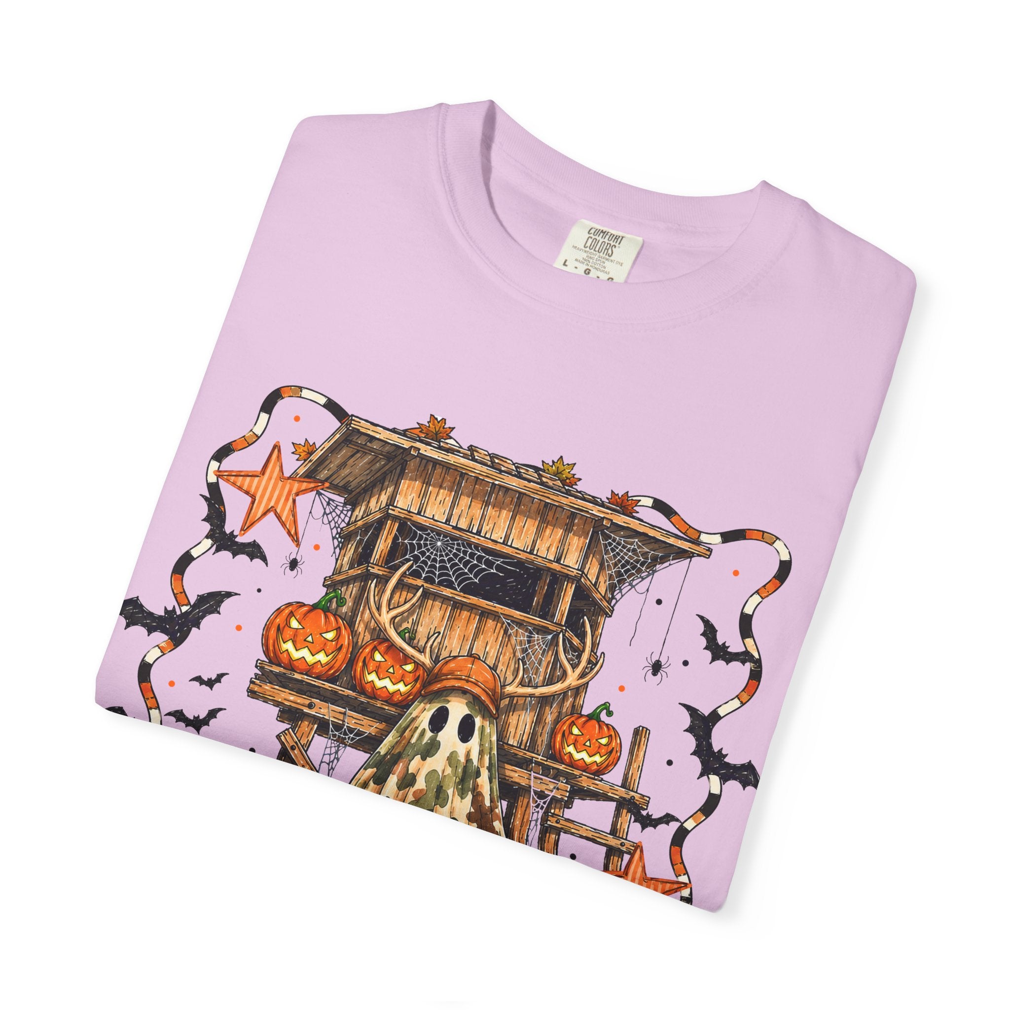 Halloween Ghost Treehouse T-Shirt Front and Back 31 October Camo Pumpkin Tee