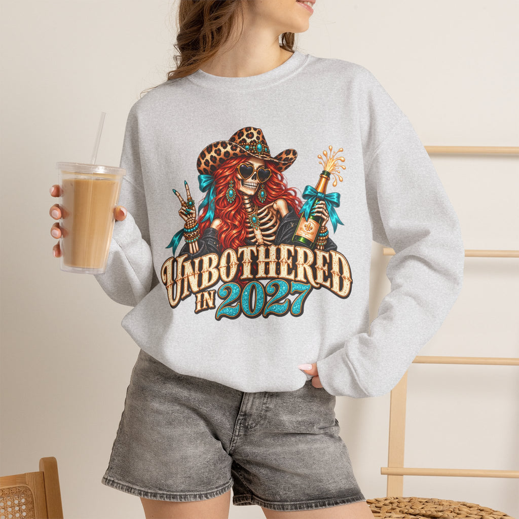 Unbothered in 2027 Sweatshirt, Funny New Years Shirt, Western Cowgirl Skeleton Crewneck, Sassy New Year Outfit, Leopard Print Gift