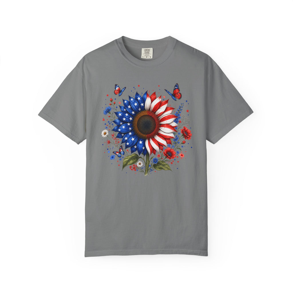 Patriotic Sunflower T Shirt American Flag Floral Tee Fourth of July