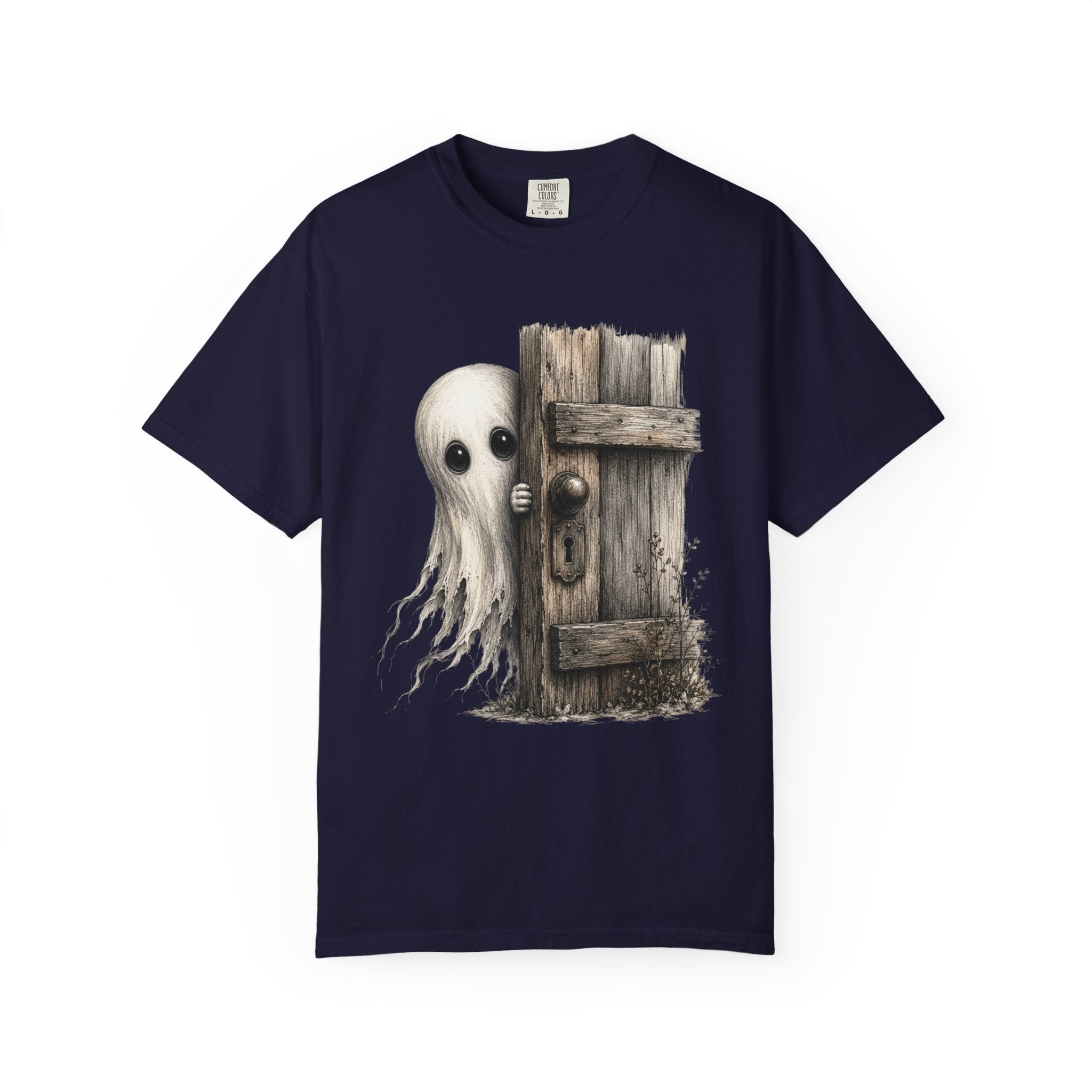 Ghost Peeking Behind Door T Shirt Cute Spooky Halloween Tee