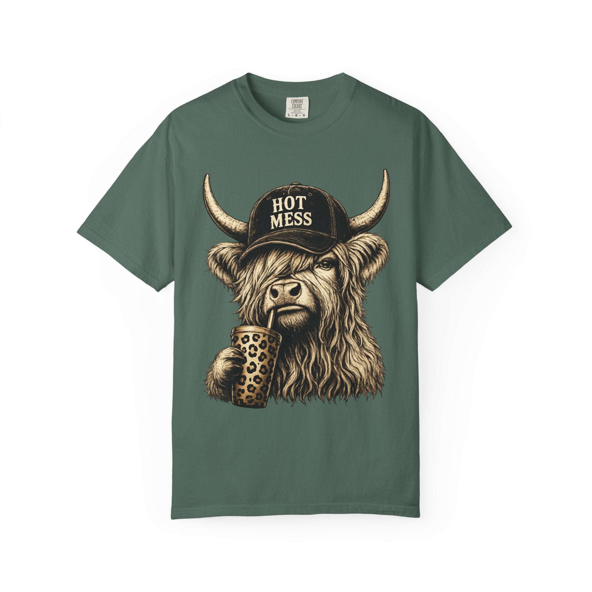 Hot Mess Highland Cow T Shirt Funny Cow with Coffee Graphic