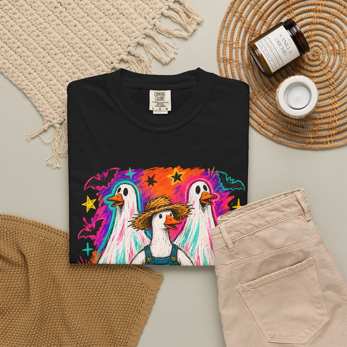Halloween Goose T Shirt Cute Goose in Ghost Costume with Pumpkin Illustration