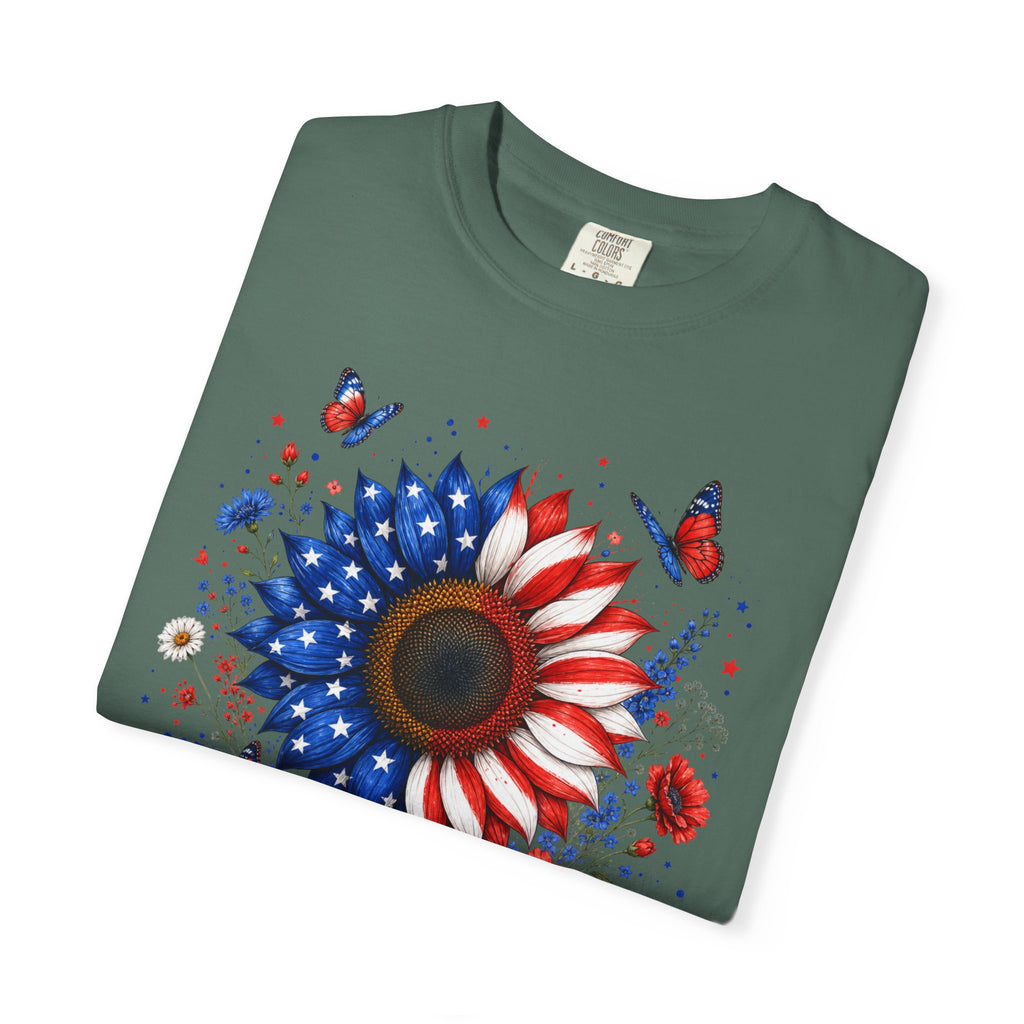 Patriotic Sunflower T Shirt American Flag Floral Tee Fourth of July