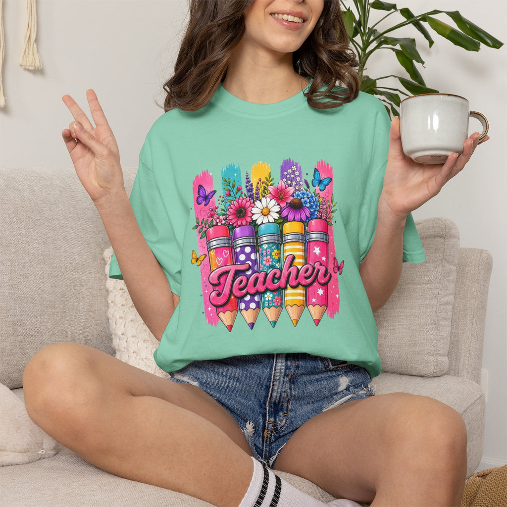 Colorful Pencil Bouquet Teacher T Shirt | Floral School Design