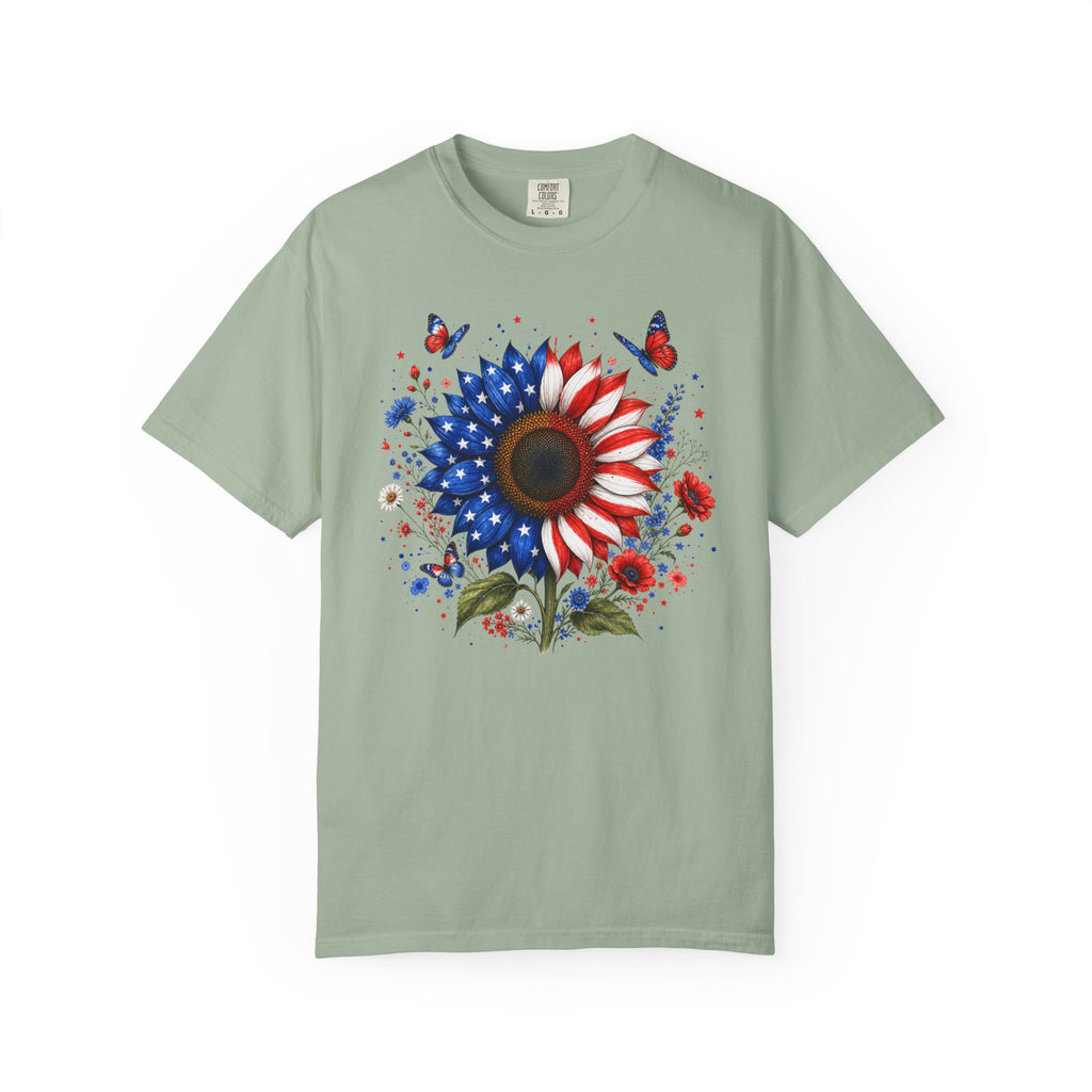 Patriotic Sunflower T Shirt American Flag Floral Tee Fourth of July