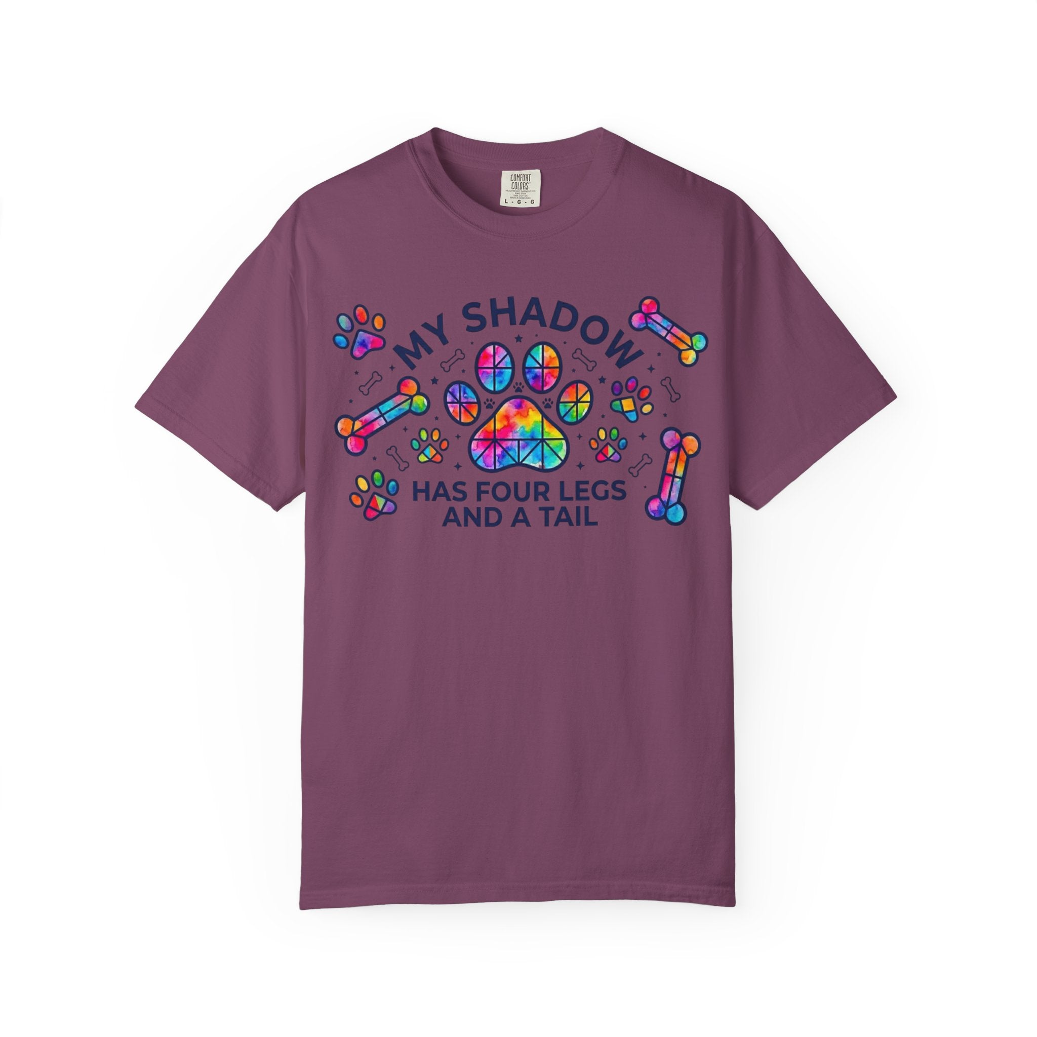 My Shadow Has Four Legs And A Tail T-Shirt Colorful Paw Print Dog Lover Tee