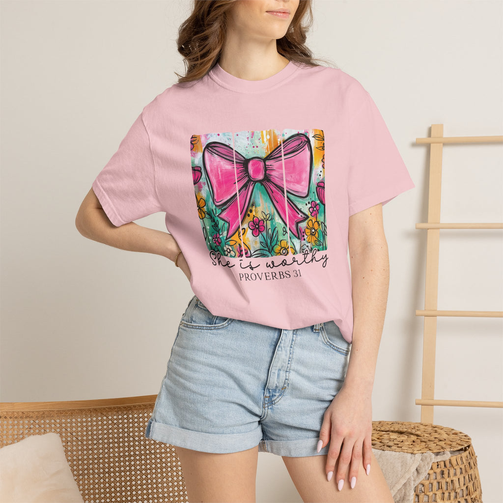 Pink Bow Floral Illustration Tee Shirt | She is Worthy Proverbs 31 Christian Tee
