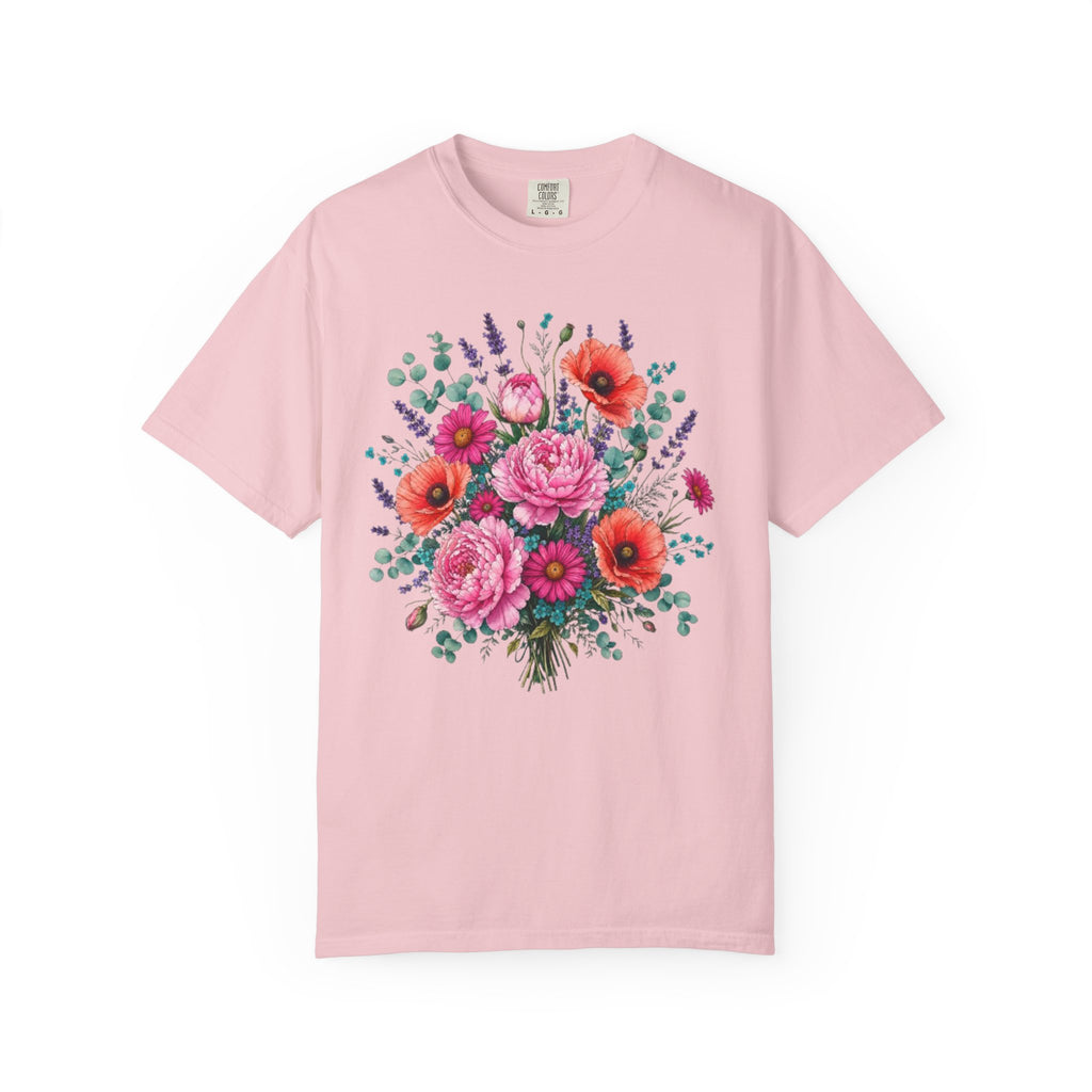 Floral Bouquet T Shirt  Pink Peony and Poppy Garden Tee