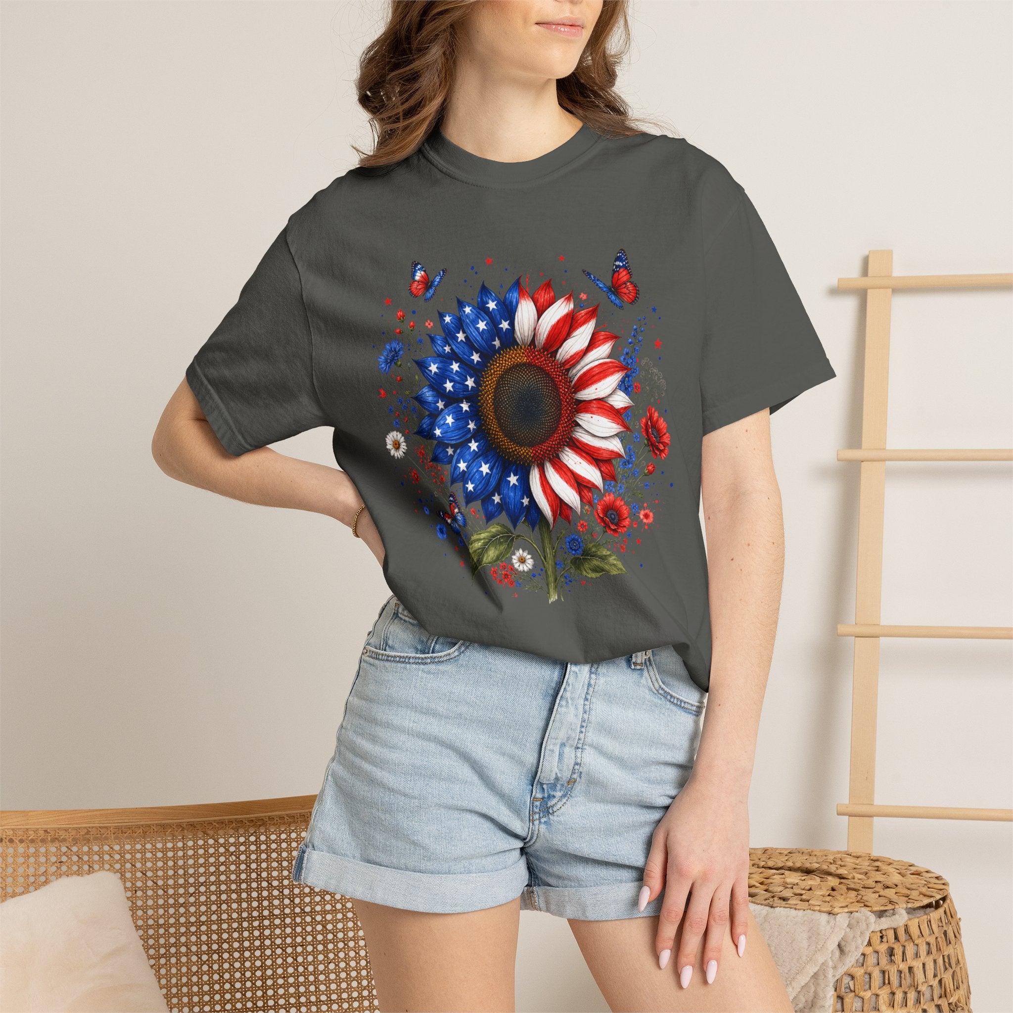 Patriotic Sunflower T Shirt American Flag Floral Tee Fourth of July