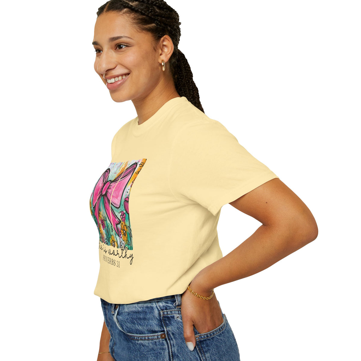 Pink Bow Floral Illustration Tee Shirt | She is Worthy Proverbs 31 Christian Tee