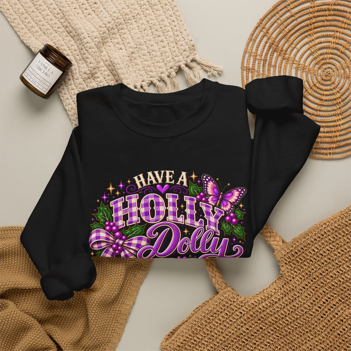 Have a Holly Dolly Christmas Sweatshirt, Dolly Inspired Christmas Shirt, Purple Plaid Holiday Sweatshirt, Butterfly Christmas Gift