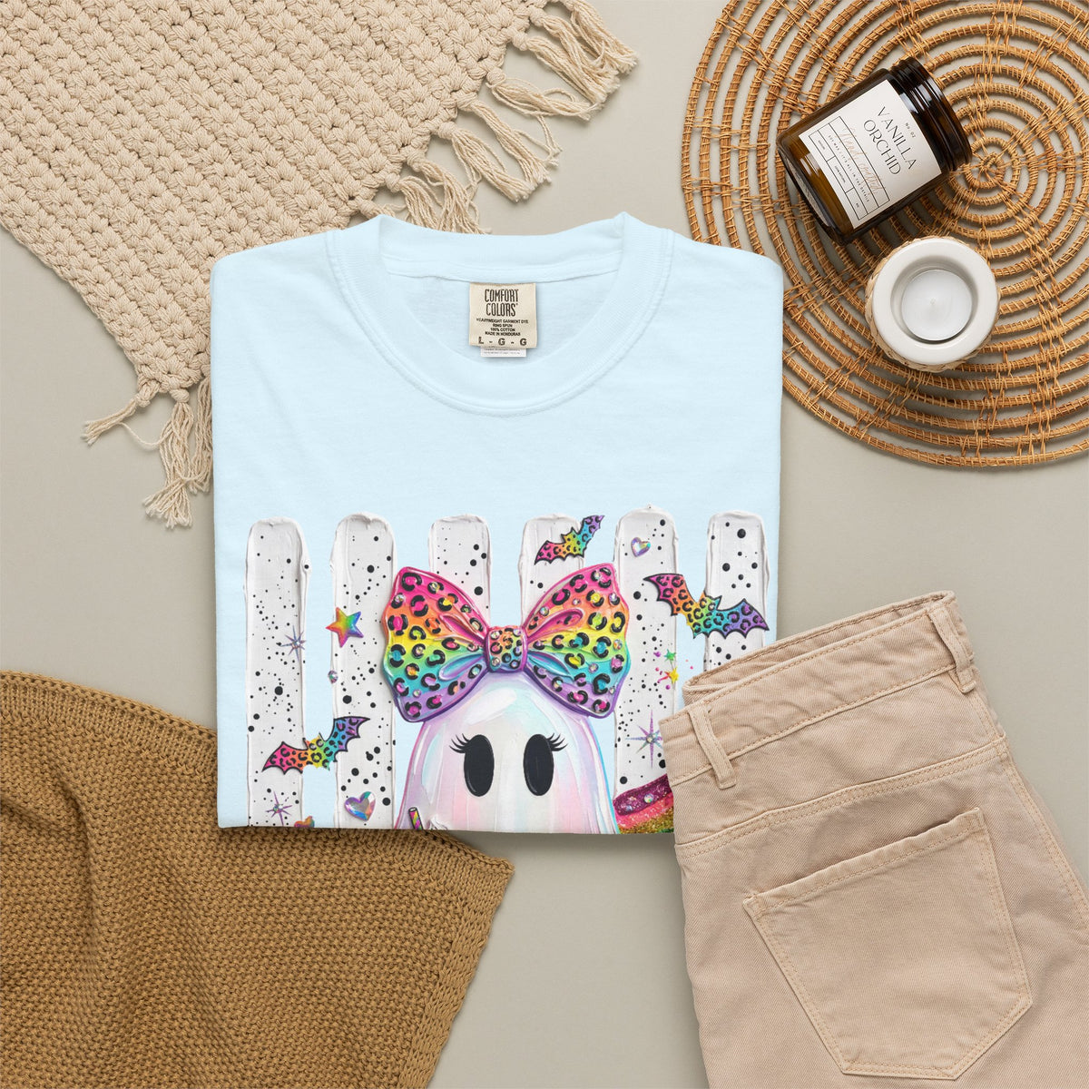 Halloween Rainbow Ghost T Shirt Cute Glittery Ghost with Rainbow Bow and Pumpkins