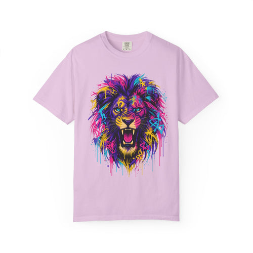 Colorful Roaring Lion T Shirt Vibrant Neon Animal Graphic Tee