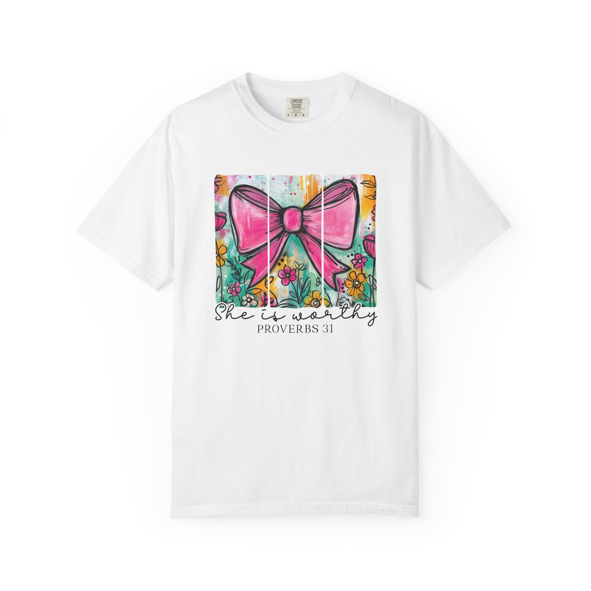 Pink Bow Floral Illustration Tee Shirt | She is Worthy Proverbs 31 Christian Tee