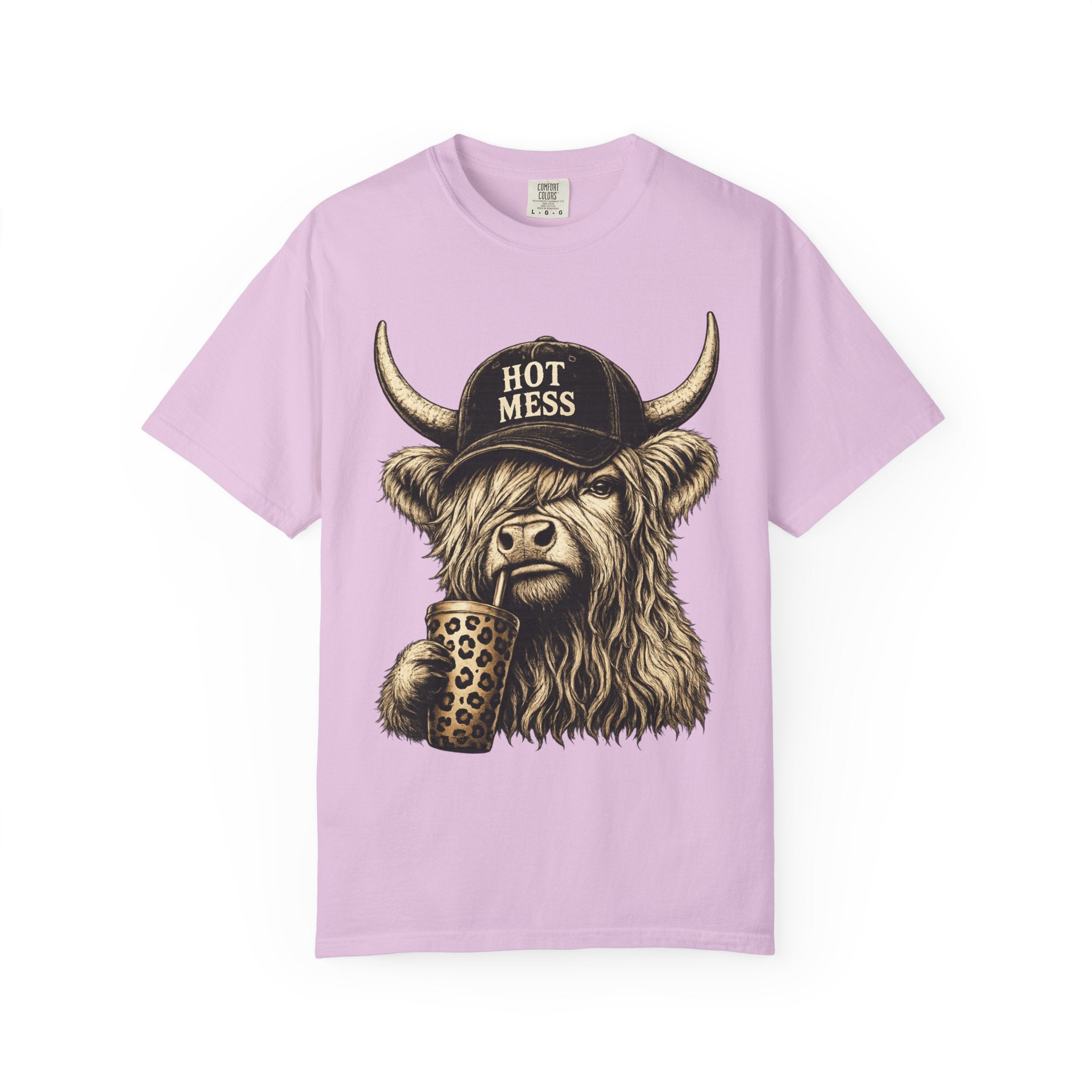 Hot Mess Highland Cow T Shirt Funny Cow with Coffee Graphic