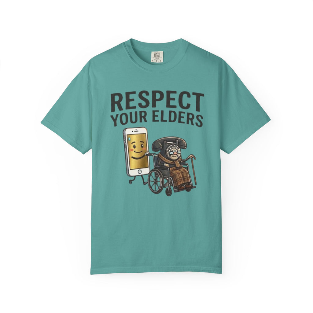 Respect Your Elders T-Shirt  Funny Retro Phone and Wheelchair Graphic Tee