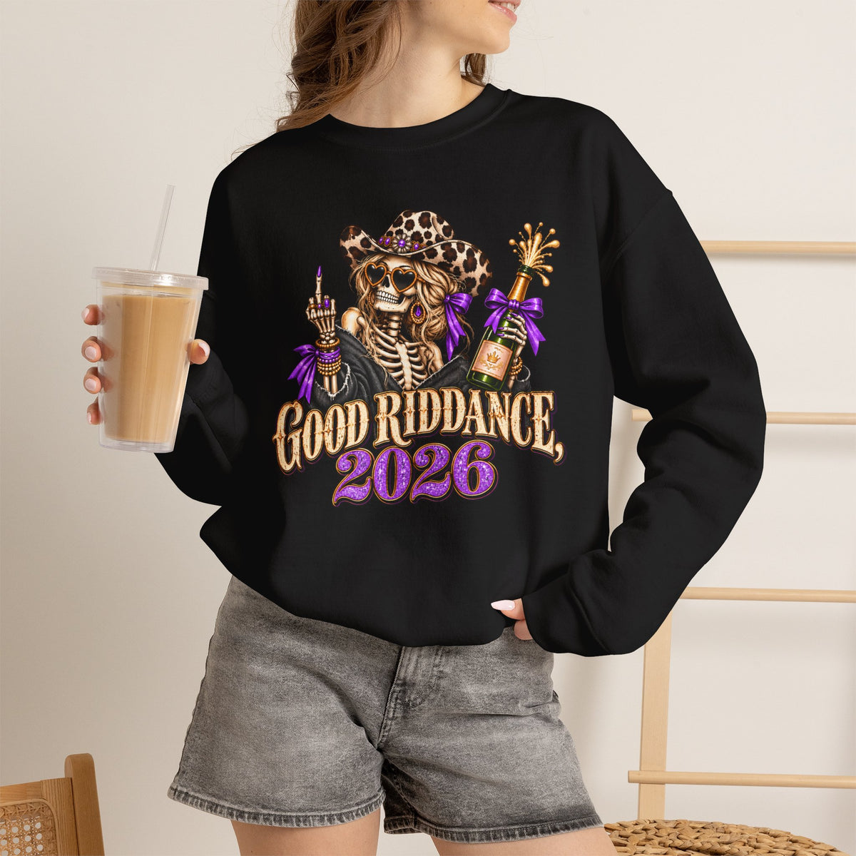 Good Riddance 2026 Sweatshirt, Funny New Years Eve Outfit, Sassy Skeleton Cowgirl Crewneck, Western Leopard Print Shirt, Sarcastic Gift