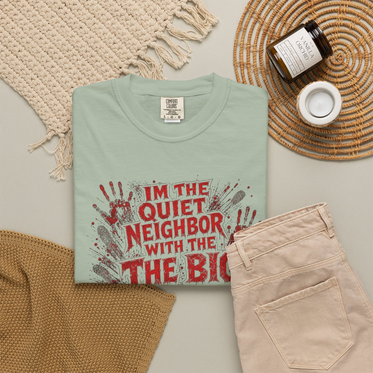 Graphic Tee Shirt Im the Quiet Neighbor with the Big Freezer Horror Handprint Tee