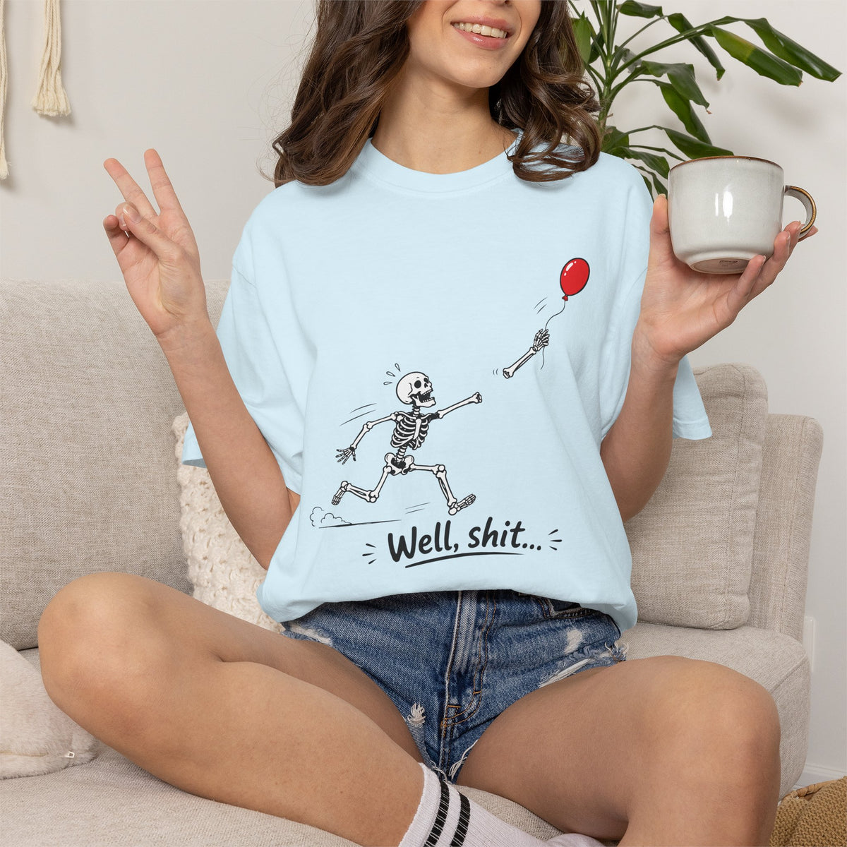 Skeleton Chasing Balloon Tee Shirt Well shit Graphic Tee