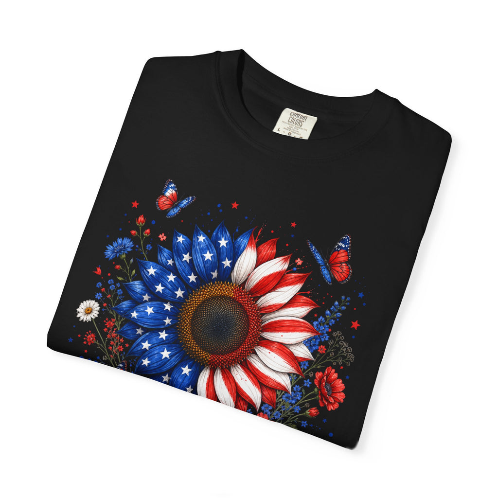 Patriotic Sunflower T Shirt American Flag Floral Tee Fourth of July