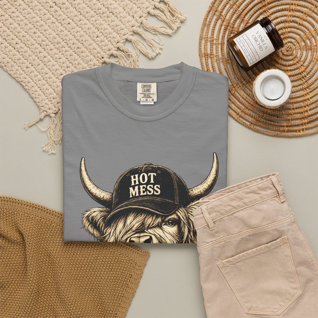Hot Mess Highland Cow T Shirt Funny Cow with Coffee Graphic