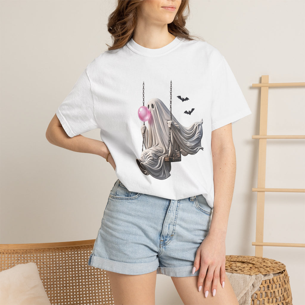 Ghost on Swing Tee Shirt | Cute Halloween Ghost Blowing Bubblegum, Bats