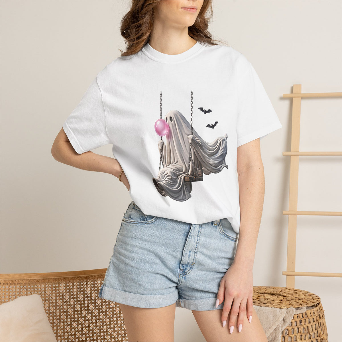 Ghost on Swing Tee Shirt | Cute Halloween Ghost Blowing Bubblegum, Bats