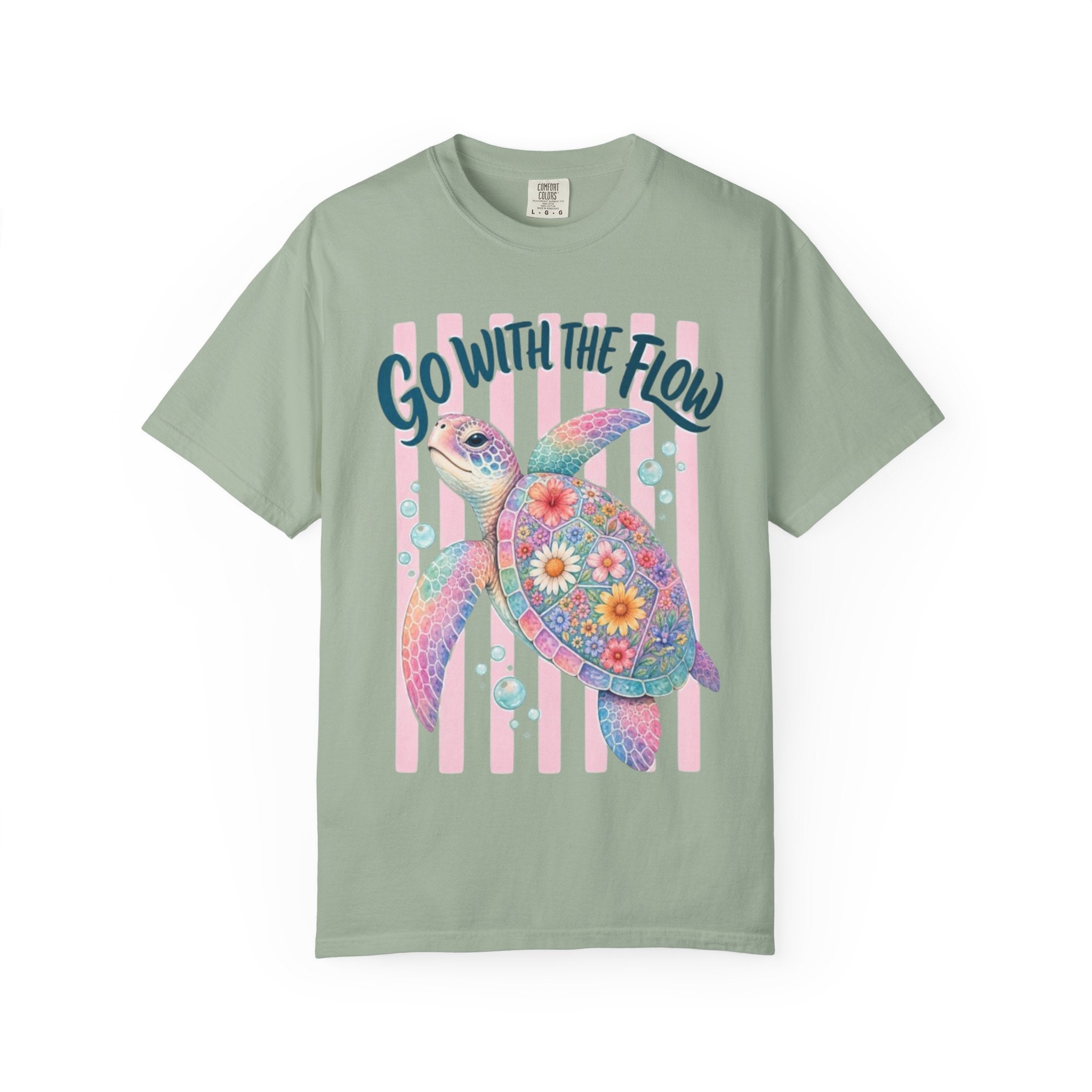 T-Shirt Go With The Flow Floral Sea Turtle Graphic Tee
