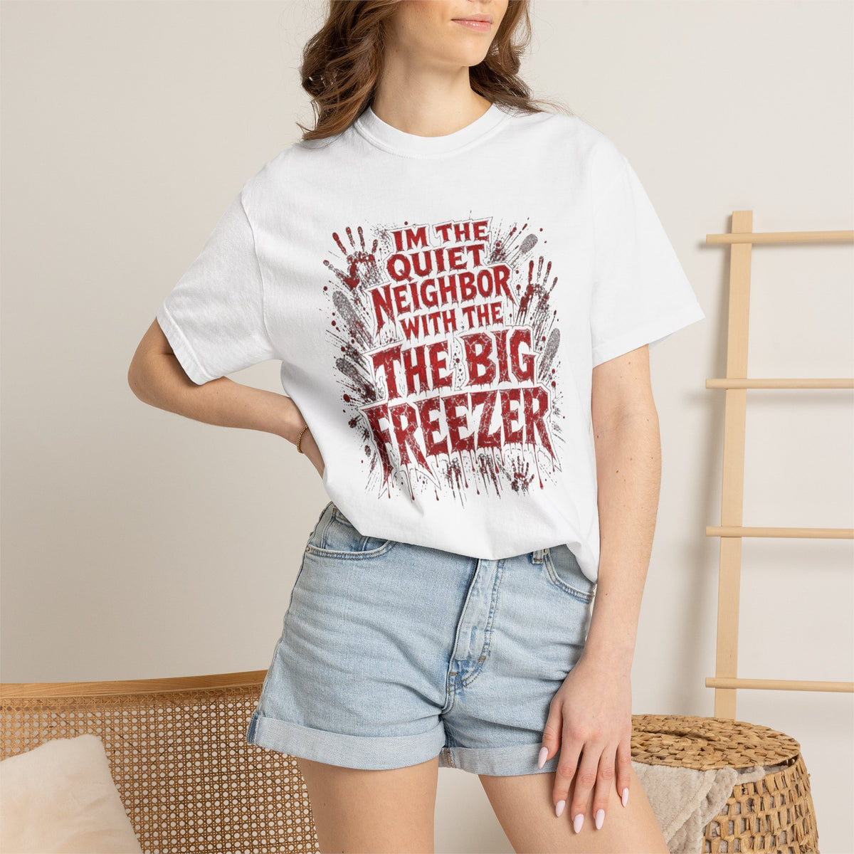 Graphic Tee Shirt Im the Quiet Neighbor with the Big Freezer Horror Handprint Tee