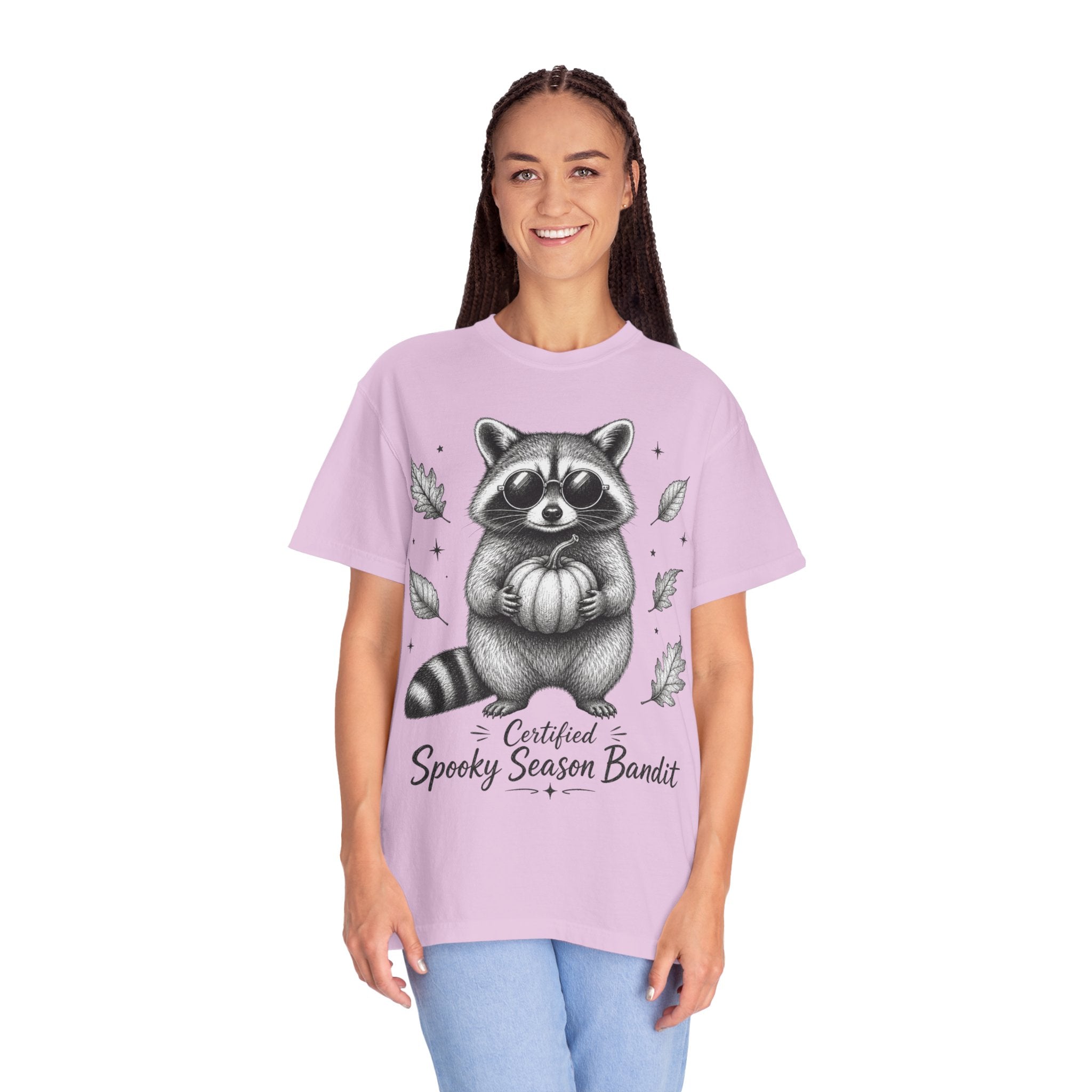 Spooky Season Bandit T Shirt Cute Raccoon Holding Pumpkin Fall Tee