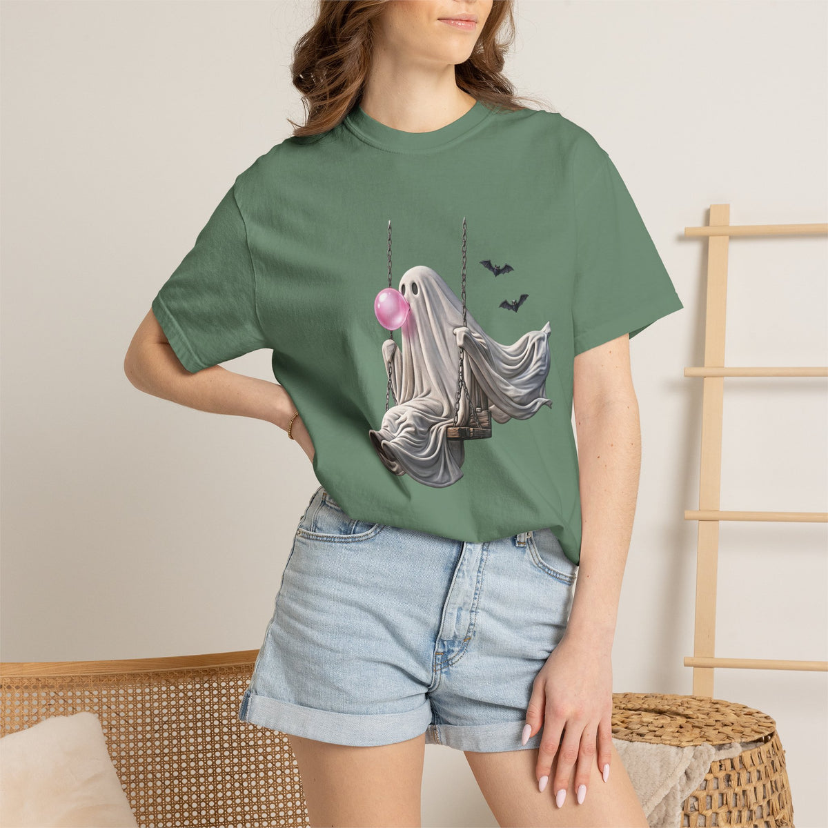 Ghost on Swing Tee Shirt | Cute Halloween Ghost Blowing Bubblegum, Bats