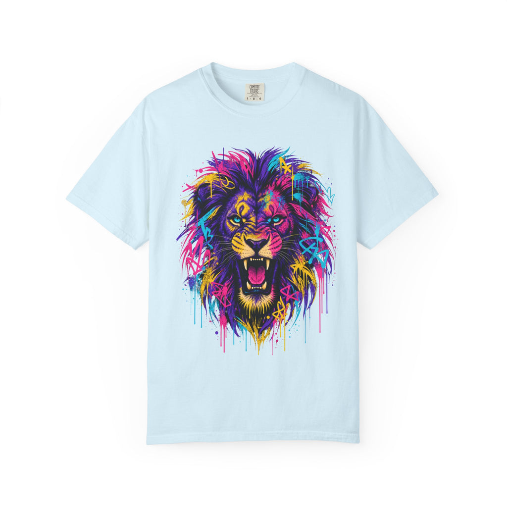 Colorful Roaring Lion T Shirt Vibrant Neon Animal Graphic Tee