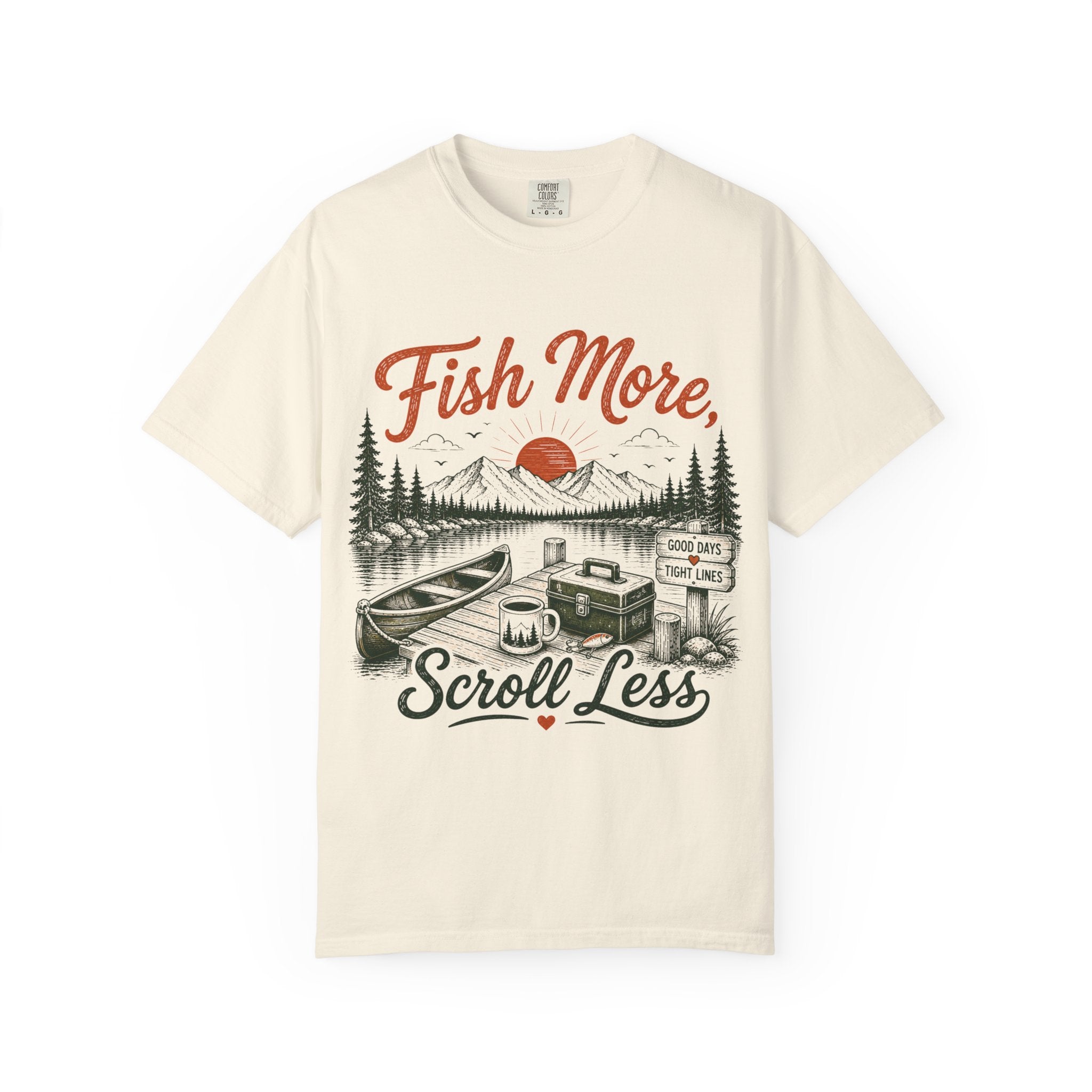 Fish More Scroll Less T Shirt Vintage Fishing Cabin Graphic Tee