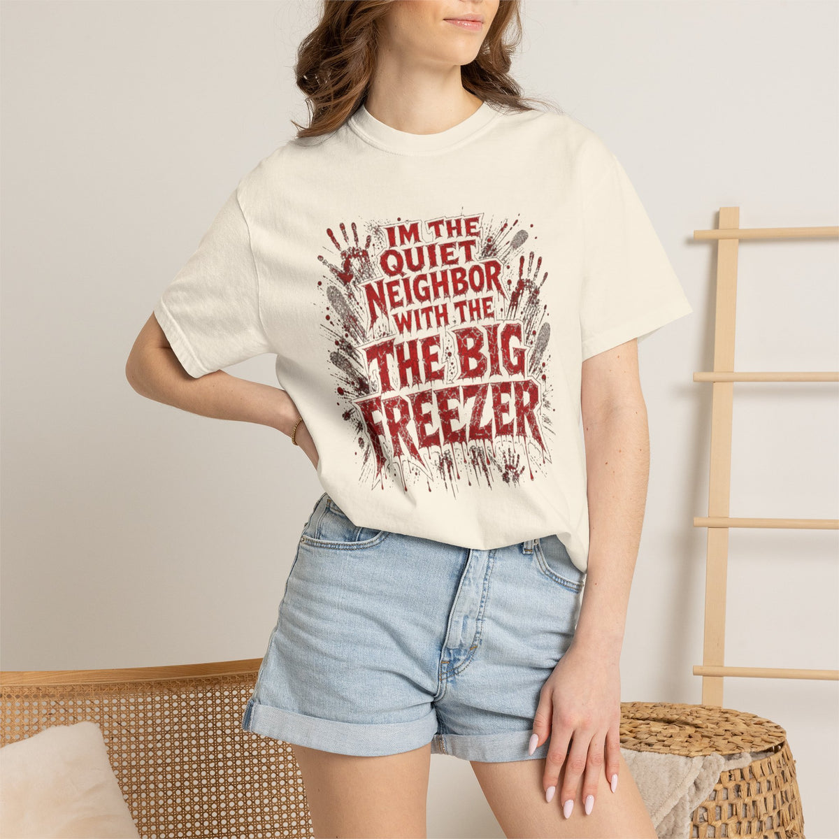 Graphic Tee Shirt Im the Quiet Neighbor with the Big Freezer Horror Handprint Tee