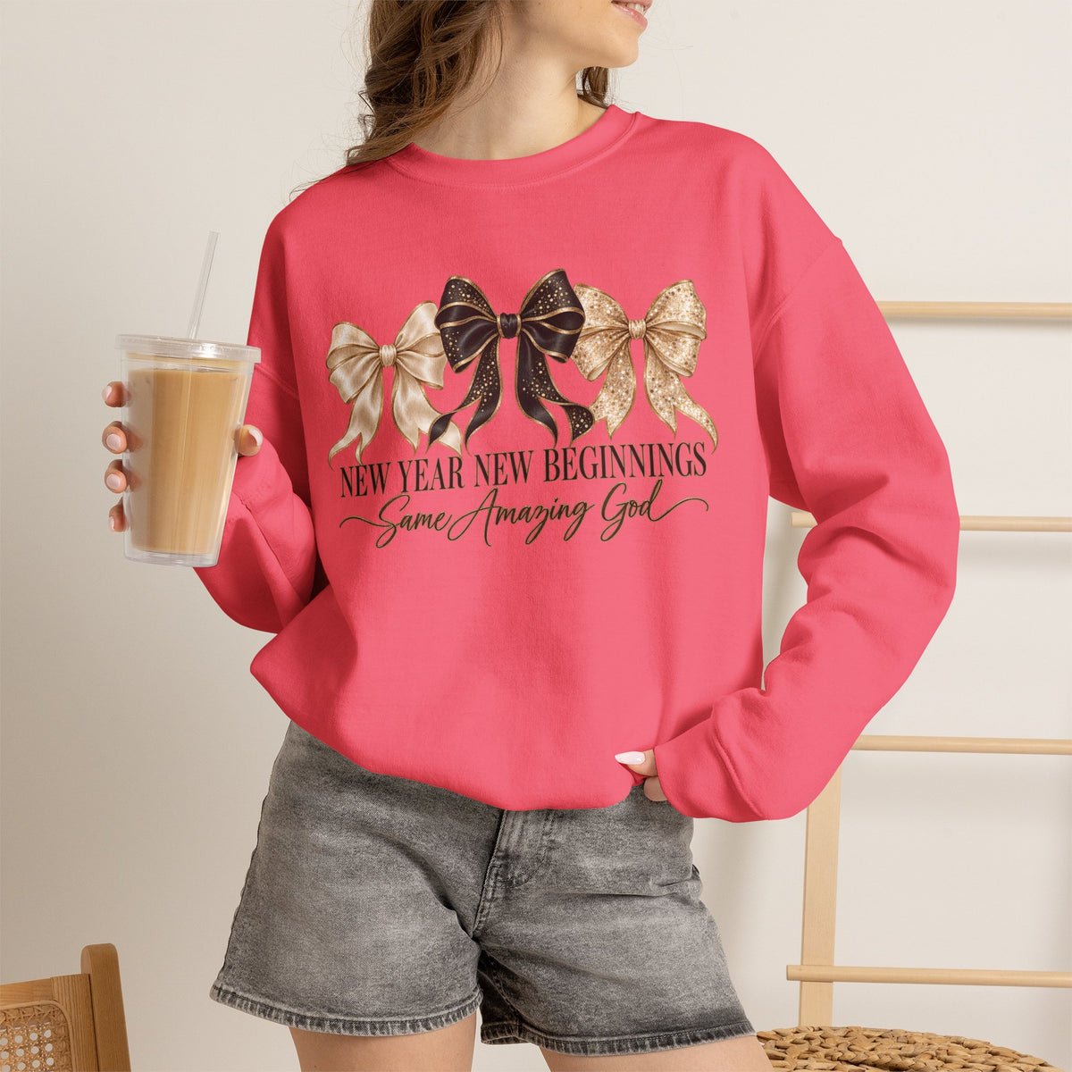 Christian New Year Sweatshirt, New Year New Beginnings Same Amazing God, Coquette Bow Crewneck, Faith Based New Years Eve Outfit, Christian
