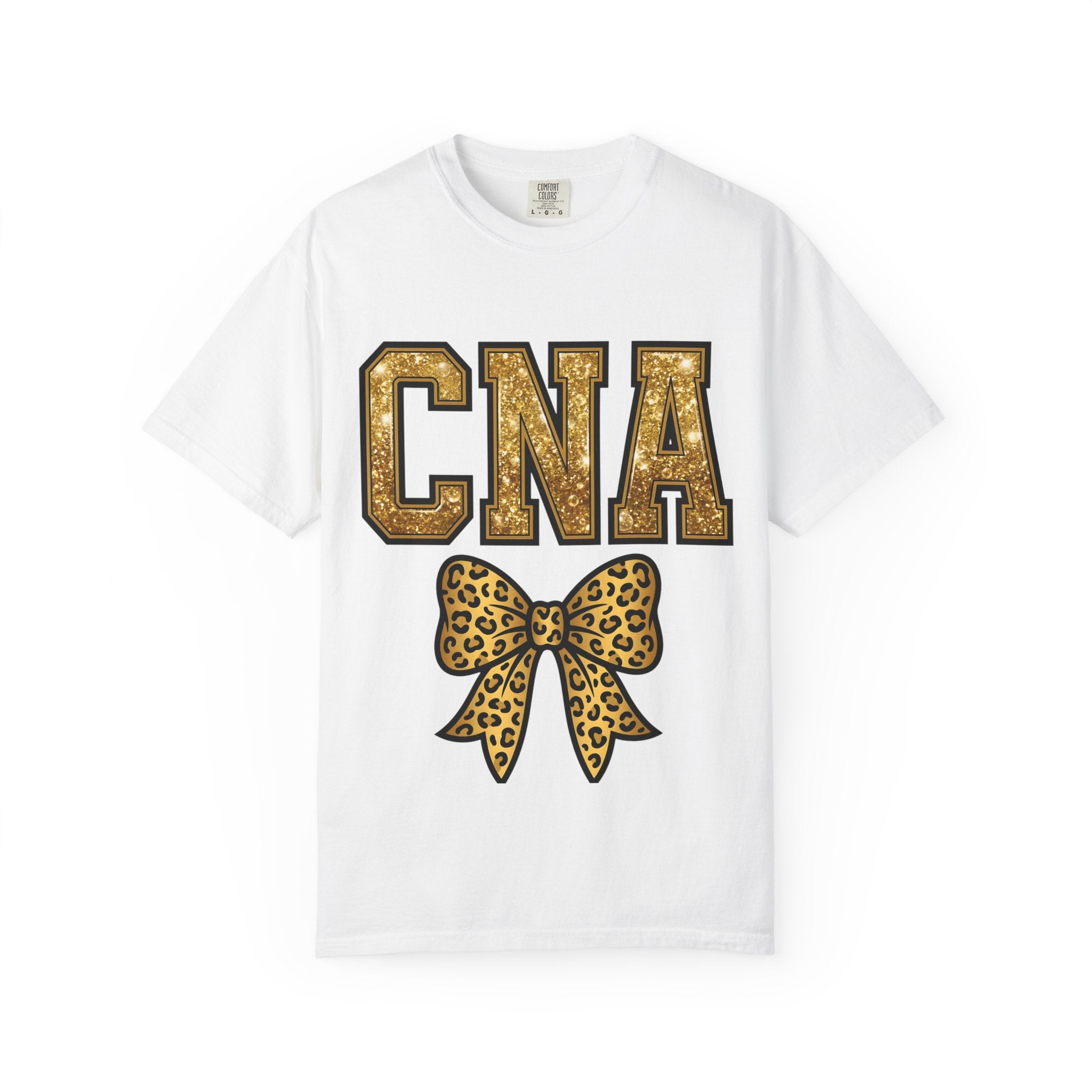 CNA Leopard Bow T Shirt Sparkle Gold Nurse Aide Tee