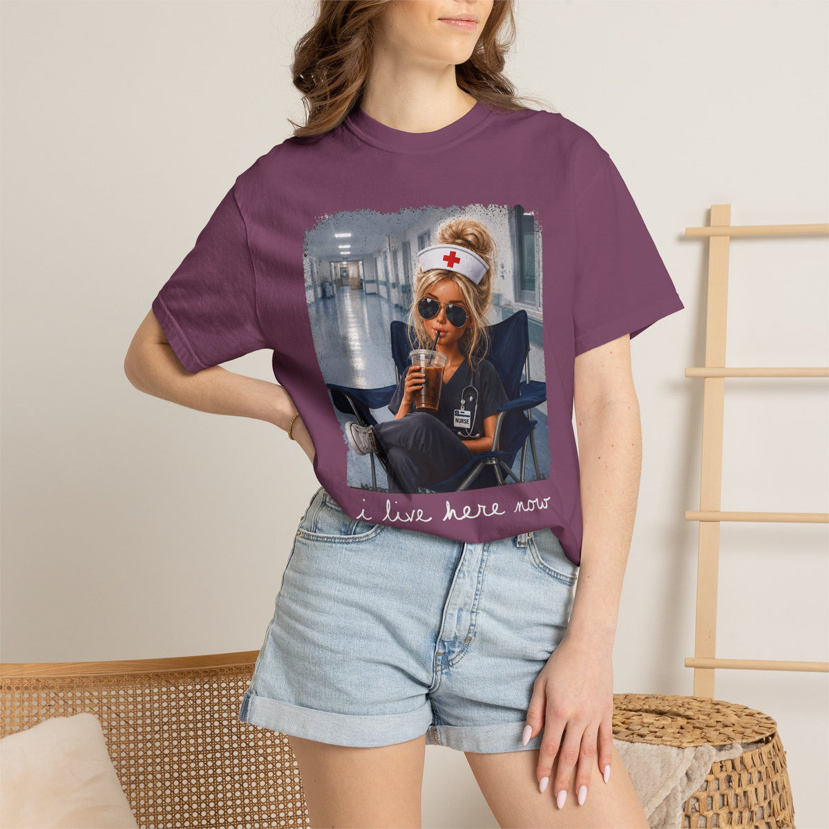 Funny Nurse Shirt, I Live Here Now Nurse Tee, Comfort Colors Nursing Shirt, Sarcastic Nurse Gift, ER Nurse Humor, Healthcare Worker Gift