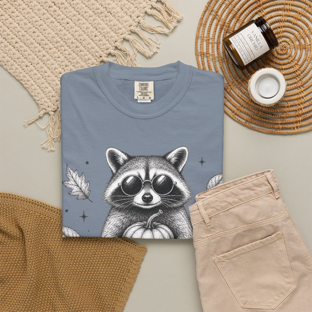 Spooky Season Bandit T Shirt Cute Raccoon Holding Pumpkin Fall Tee