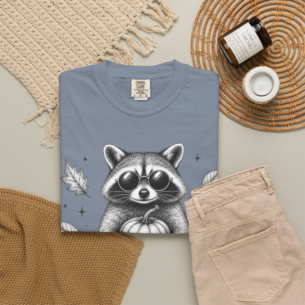 Spooky Season Bandit T Shirt Cute Raccoon Holding Pumpkin Fall Tee