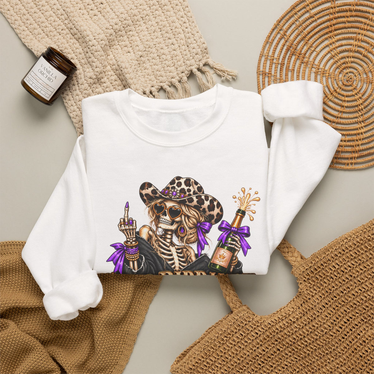 Good Riddance 2026 Sweatshirt, Funny New Years Eve Outfit, Sassy Skeleton Cowgirl Crewneck, Western Leopard Print Shirt, Sarcastic Gift