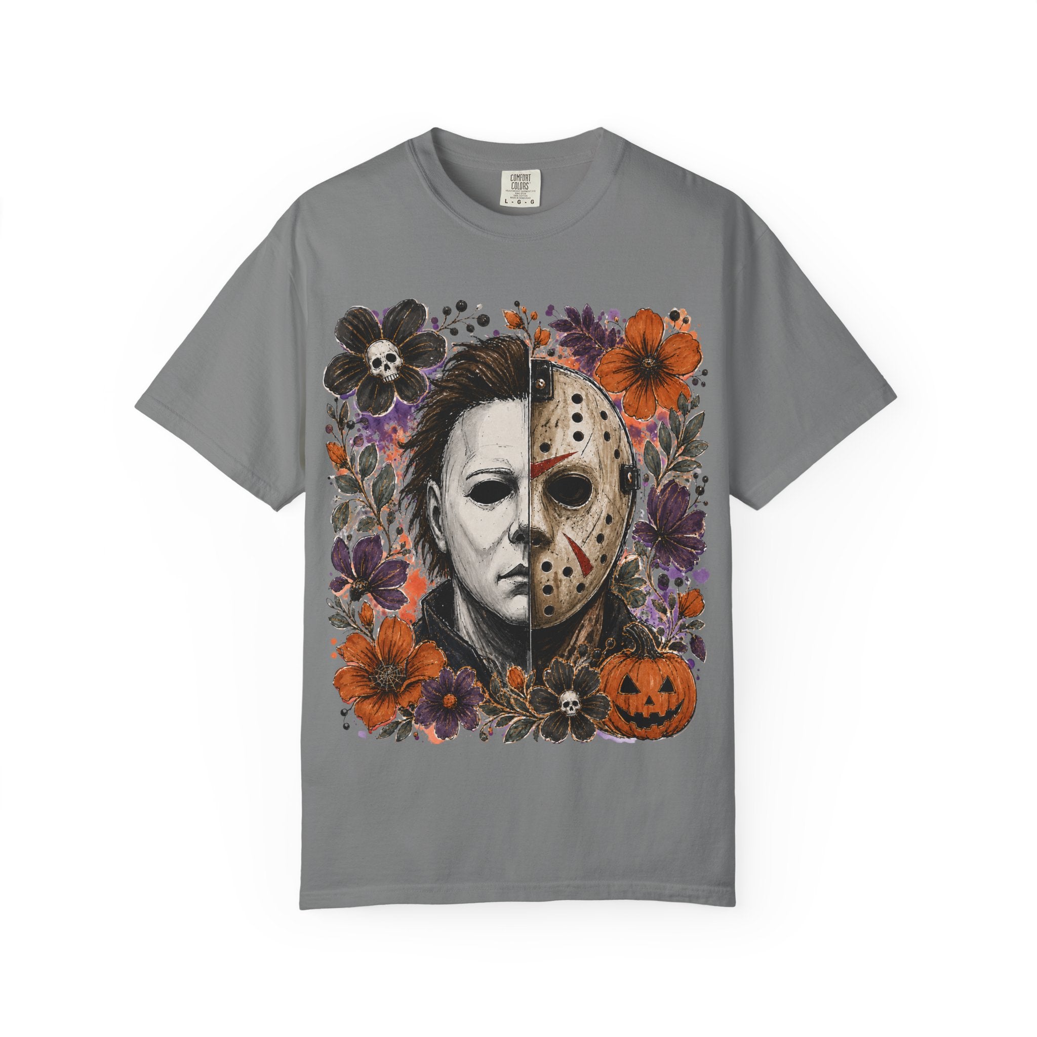 Horror Split Face Floral T Shirt Michael Myers and Jason Halloween Tee