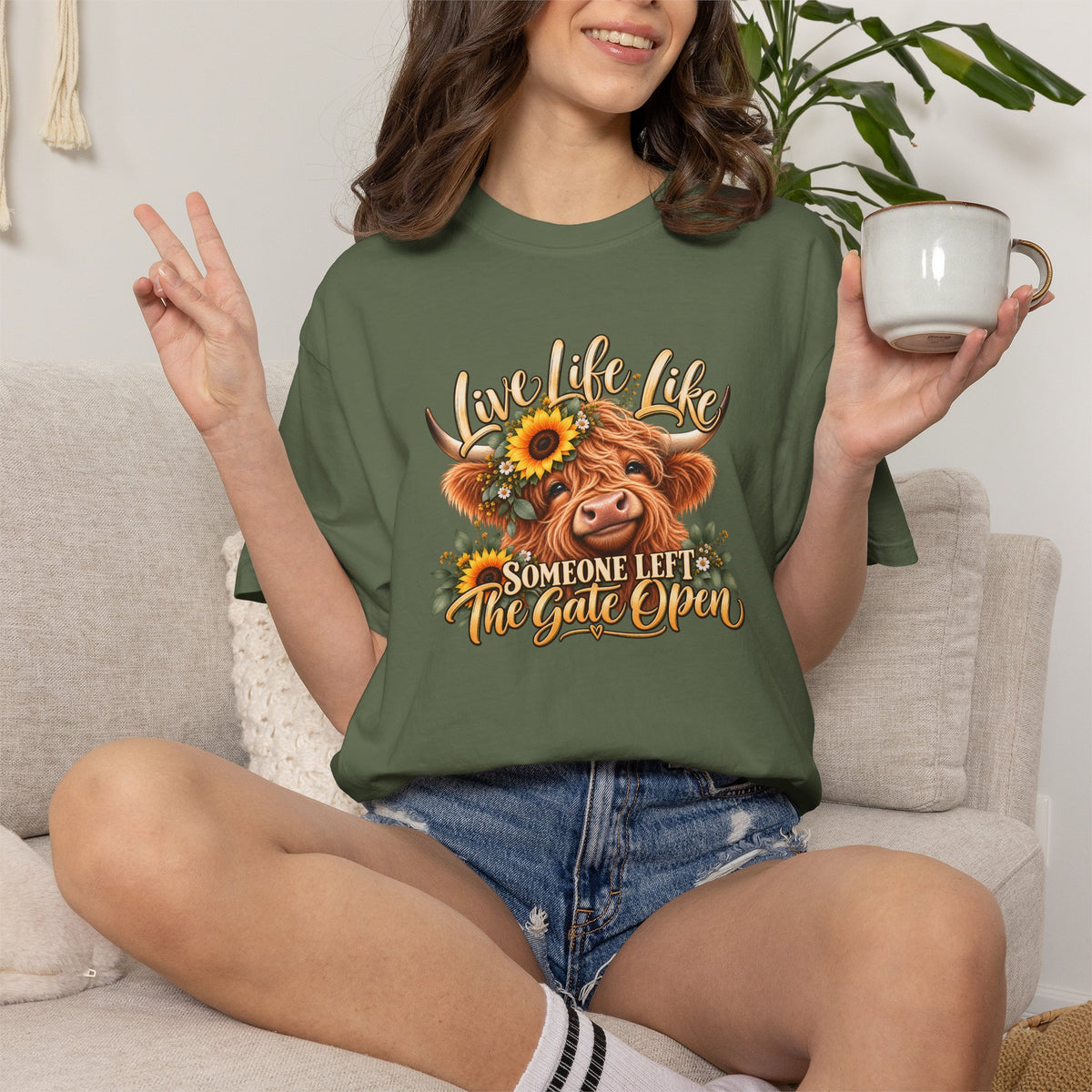 Live Life Like Someone Left the Gate Open Cow T Shirt Sunflower Highland Cattle Tee