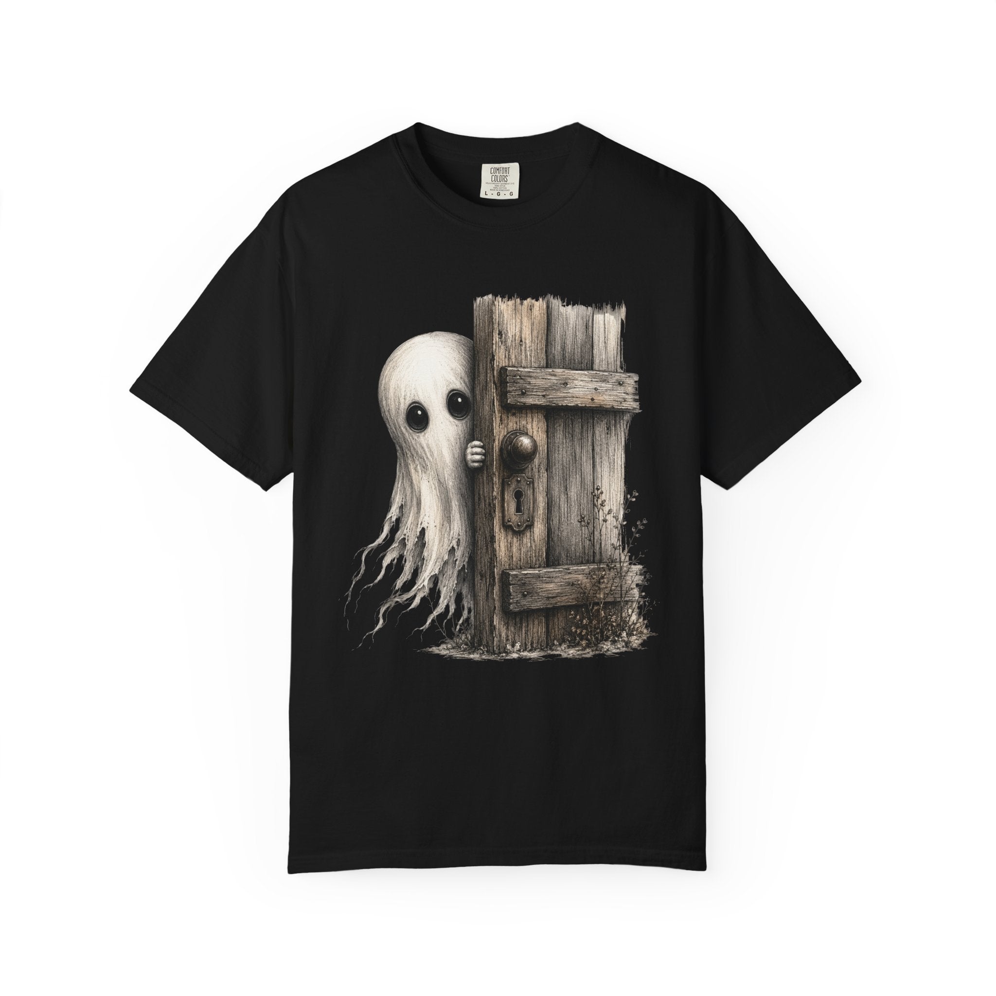 Ghost Peeking Behind Door T Shirt Cute Spooky Halloween Tee
