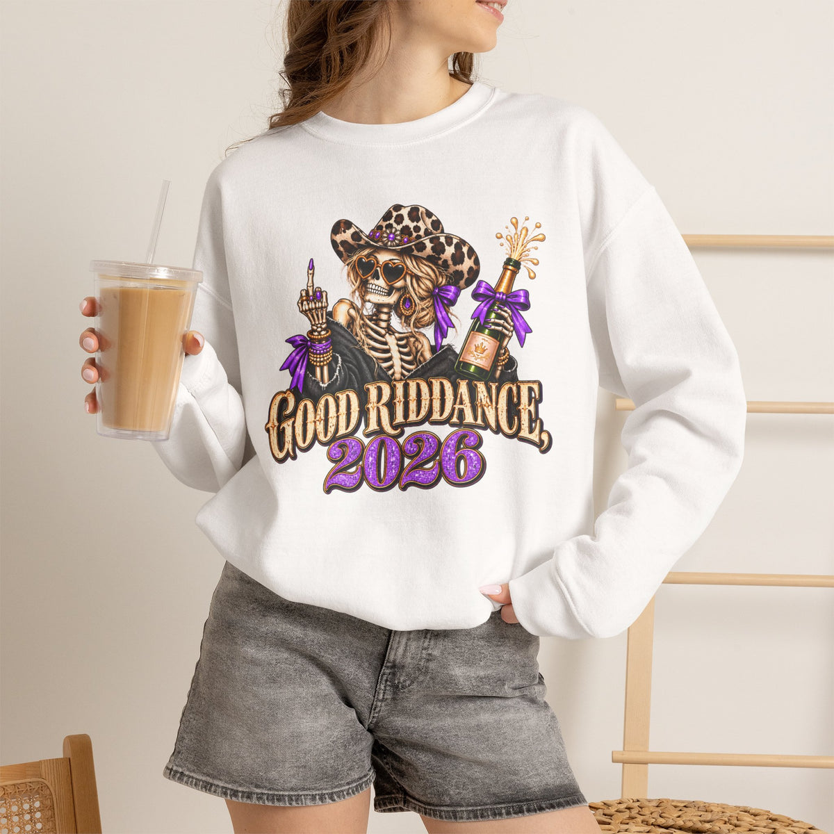 Good Riddance 2026 Sweatshirt, Funny New Years Eve Outfit, Sassy Skeleton Cowgirl Crewneck, Western Leopard Print Shirt, Sarcastic Gift