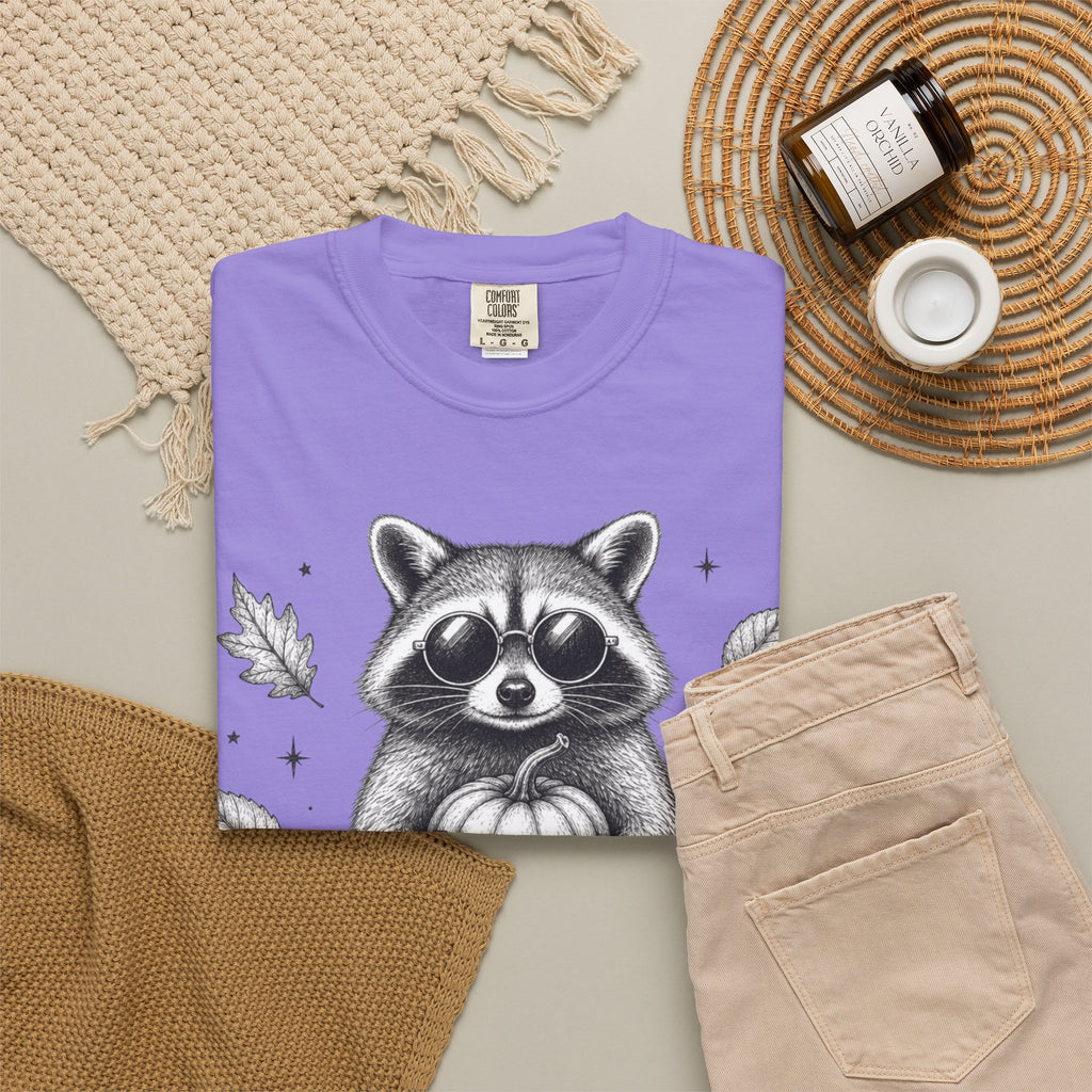 Spooky Season Bandit T Shirt Cute Raccoon Holding Pumpkin Fall Tee