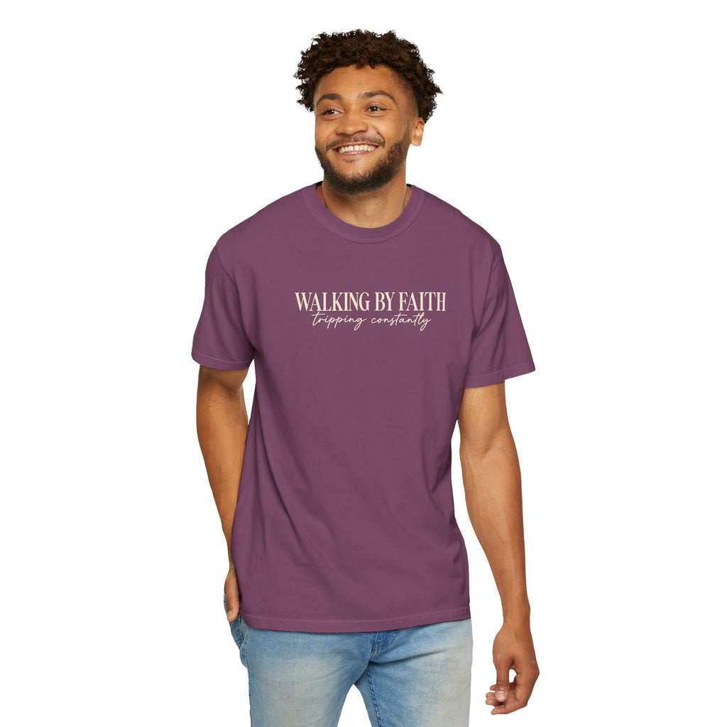 Walking by Faith T Shirt Christian Inspirational Tee Walking by Faith, tripping constantly