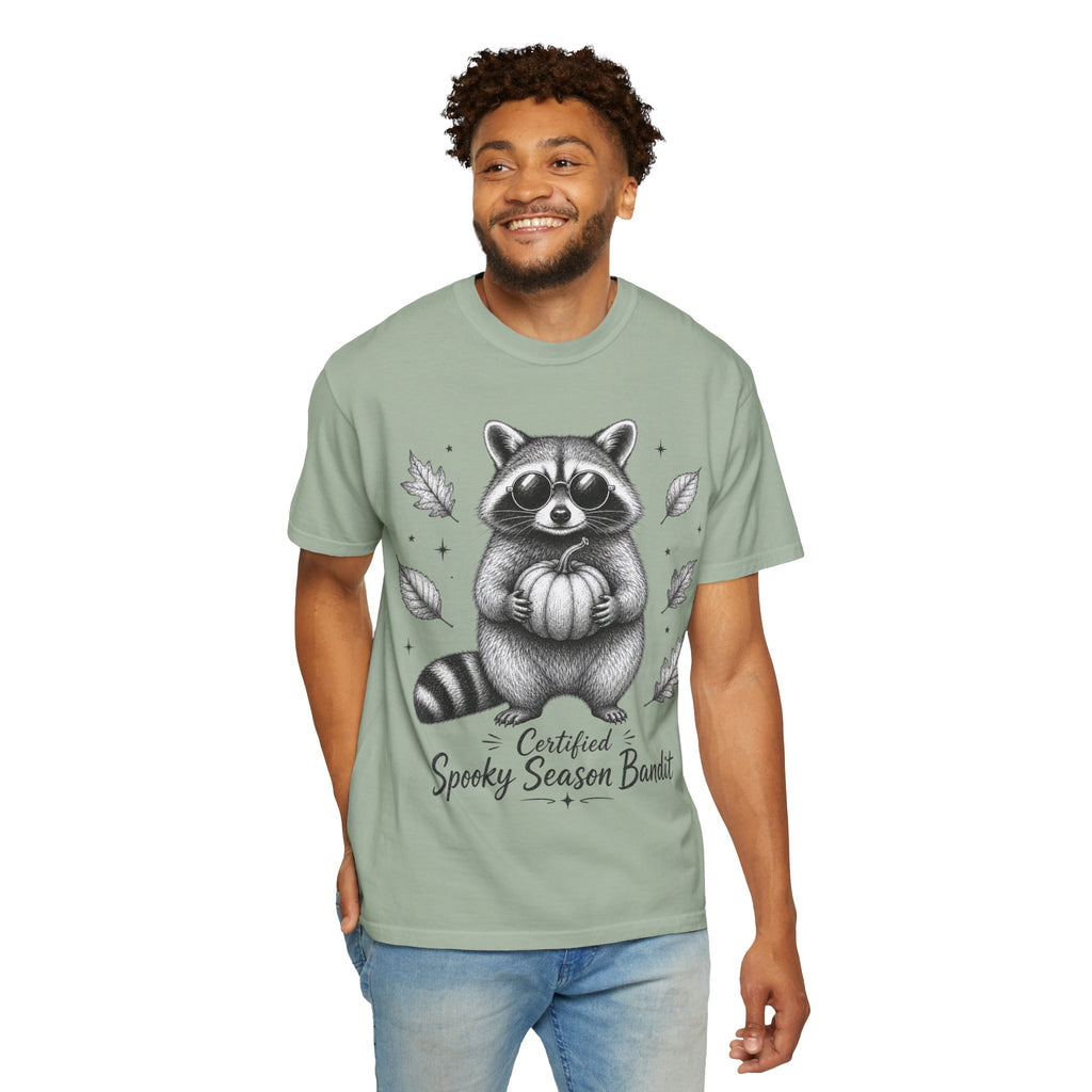 Spooky Season Bandit T Shirt Cute Raccoon Holding Pumpkin Fall Tee