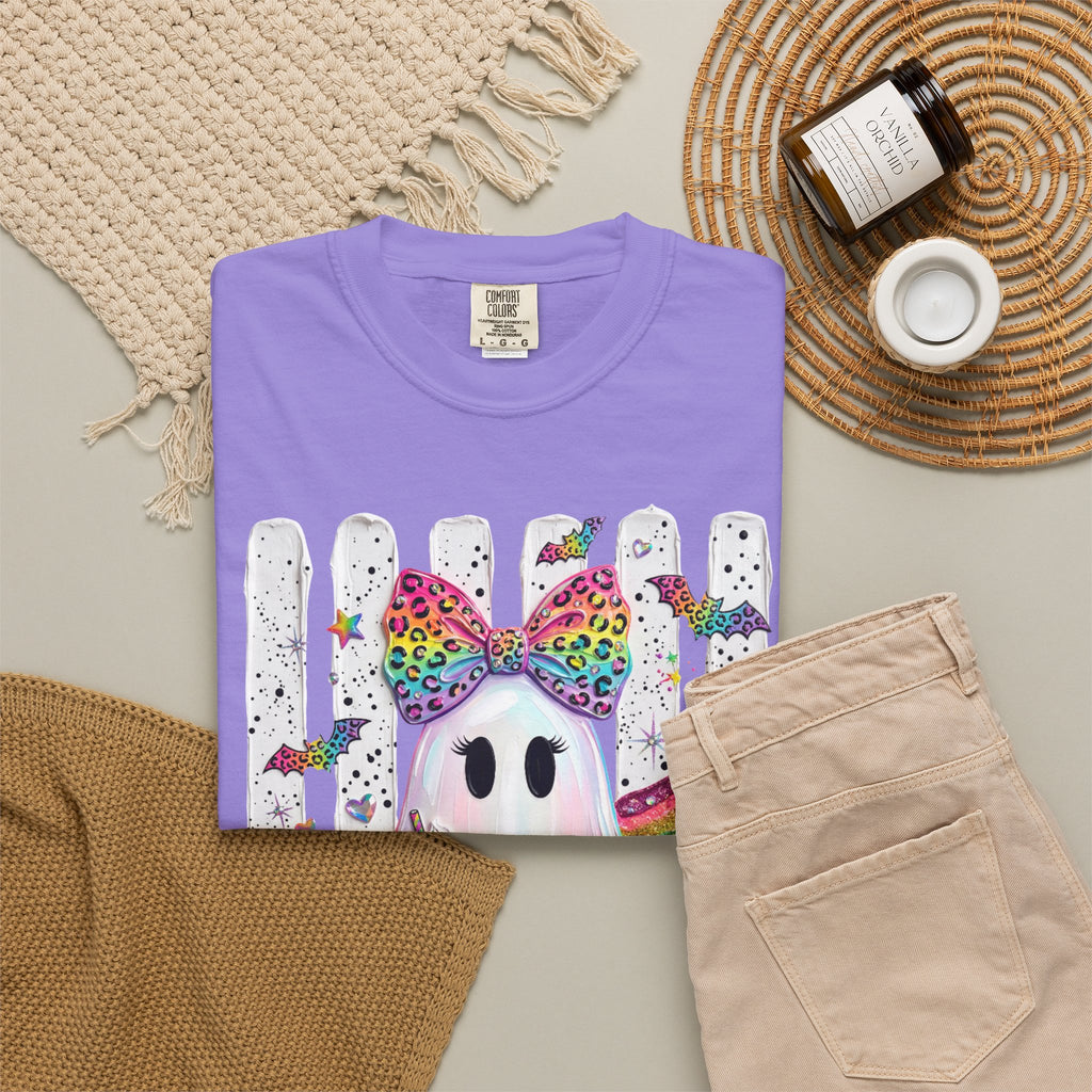 Halloween Rainbow Ghost T Shirt Cute Glittery Ghost with Rainbow Bow and Pumpkins