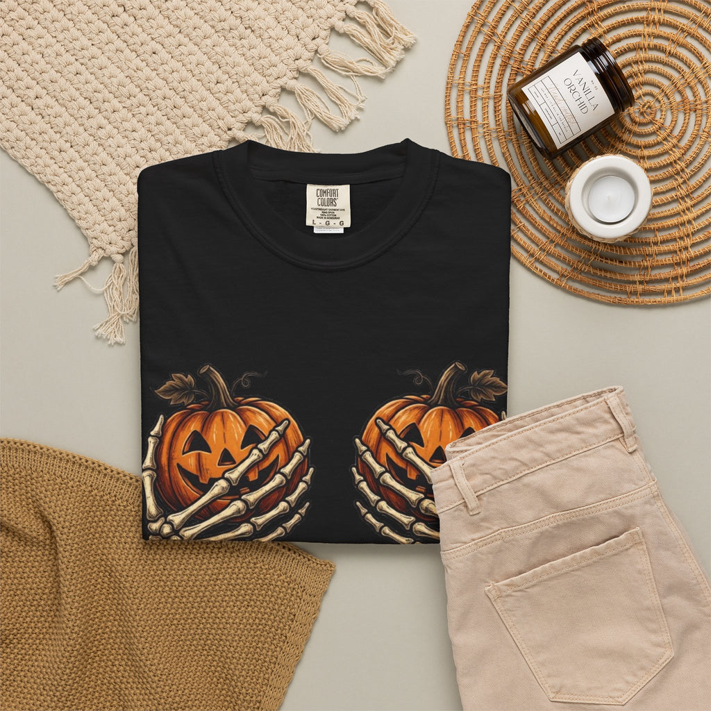 Pumpkin Heart Tee Skeleton Hands Holding Jack o Lanterns Halloween T Shirt