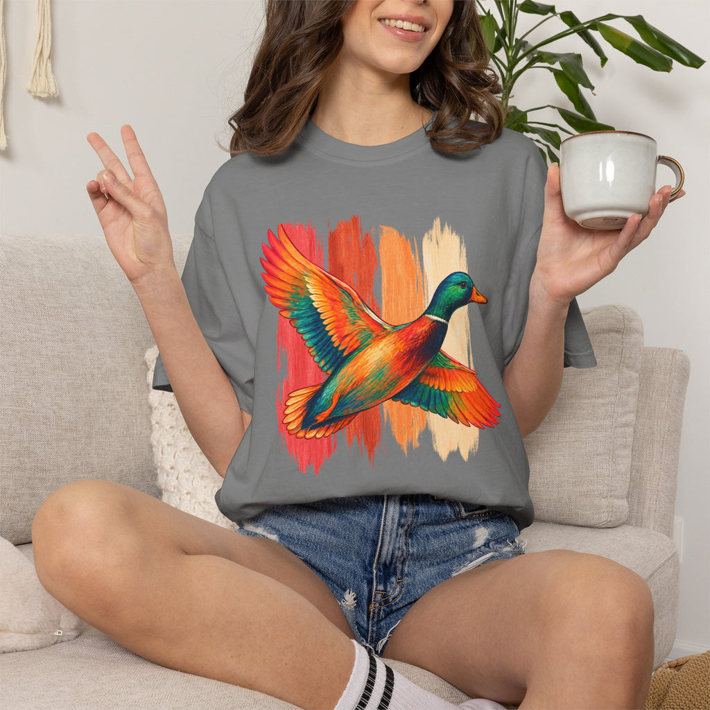 Colorful Flying Duck Tee | Vibrant Mallard Illustration, Nature Shirt